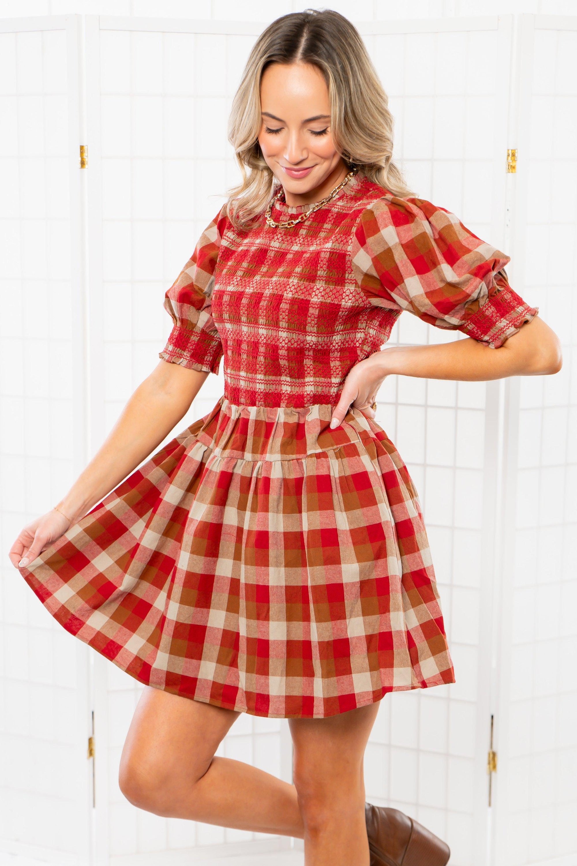 Smocked Plaid Red Mini Dress-Dresses-Aureum-L. Mae Boutique &amp; Wild Mabel Clothing