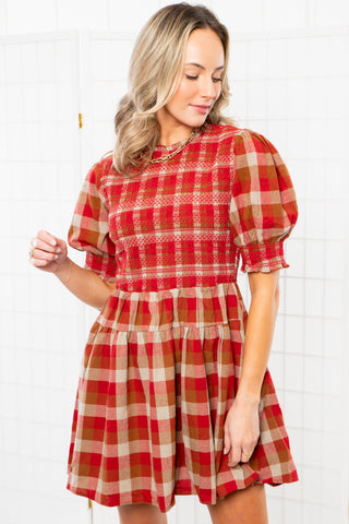 Smocked Plaid Red Mini Dress-Dresses-Aureum-L. Mae Boutique & Wild Mabel Clothing