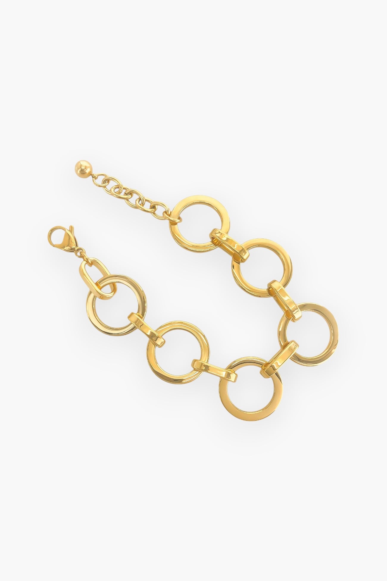 Soho Gold O-Chain Chunky Bracelet displayed against a white background. Features bold circular links with an adjustable clasp for a timeless look.