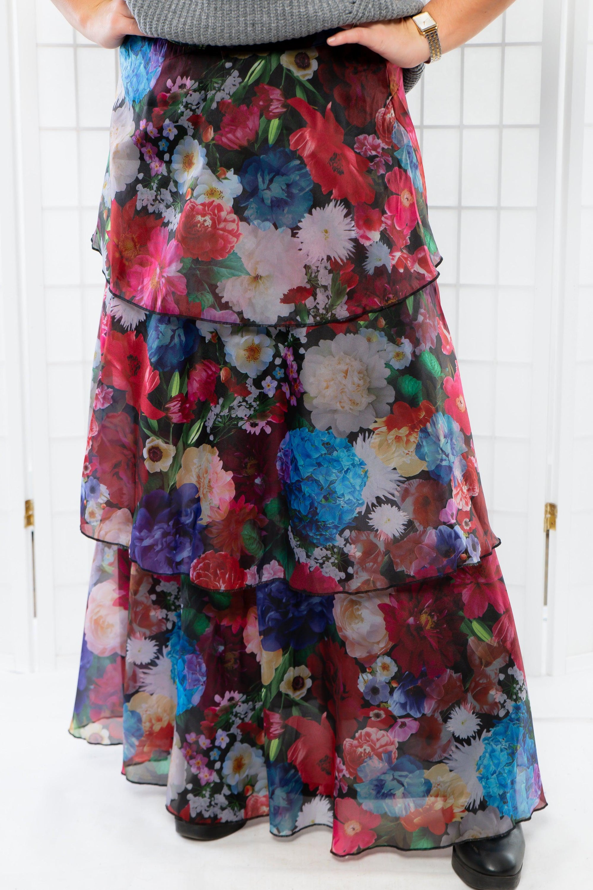 Sonora Deep Blue Floral Tiered Maxi Skirt-Bottoms-En Creme-L. Mae Boutique &amp; Wild Mabel Clothing