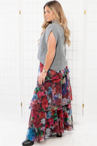 Sonora Deep Blue Floral Tiered Maxi Skirt-Bottoms-En Creme-L. Mae Boutique & Wild Mabel Clothing