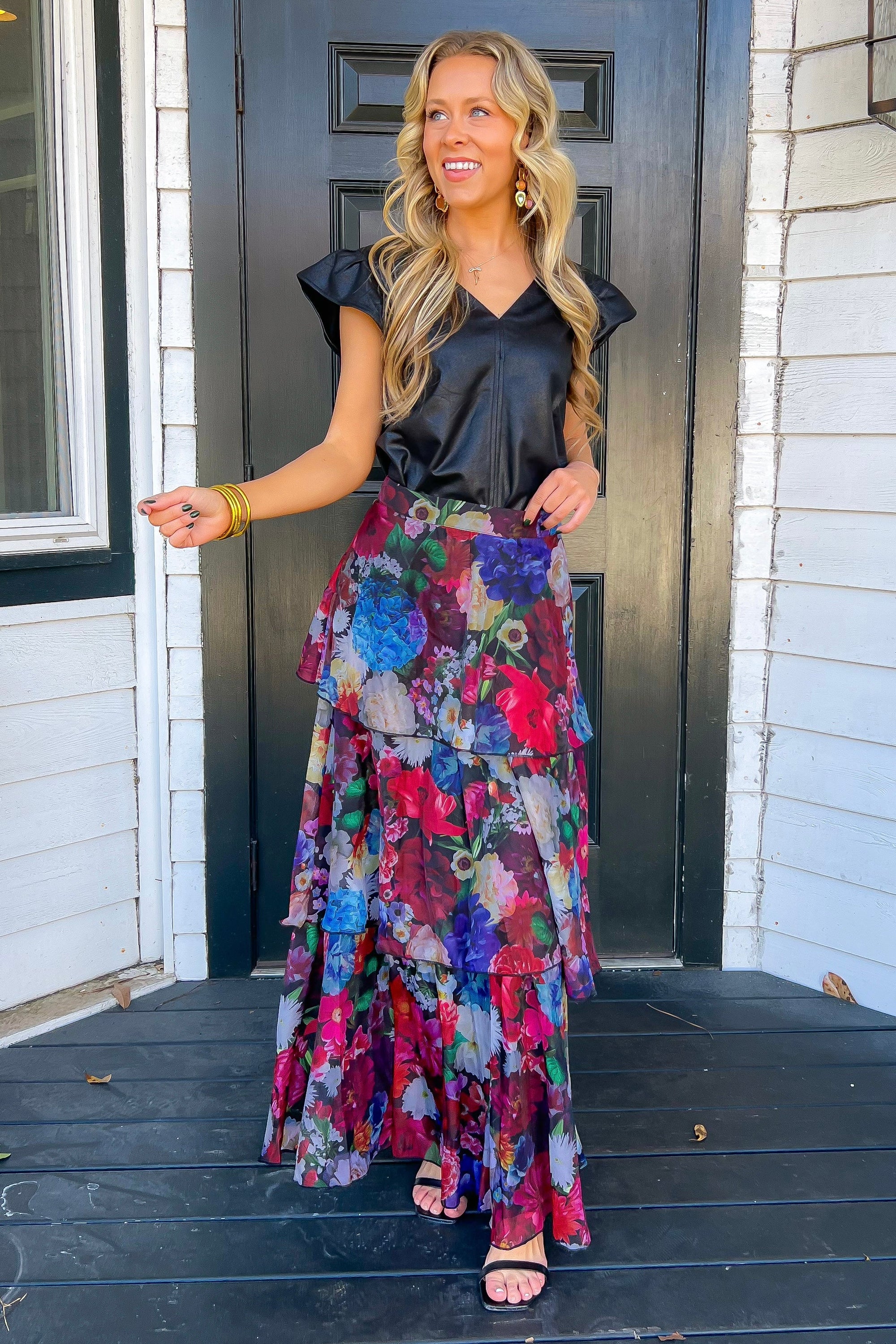 Sonora Deep Blue Floral Tiered Maxi Skirt-Bottoms-En Creme-L. Mae Boutique &amp; Wild Mabel Clothing