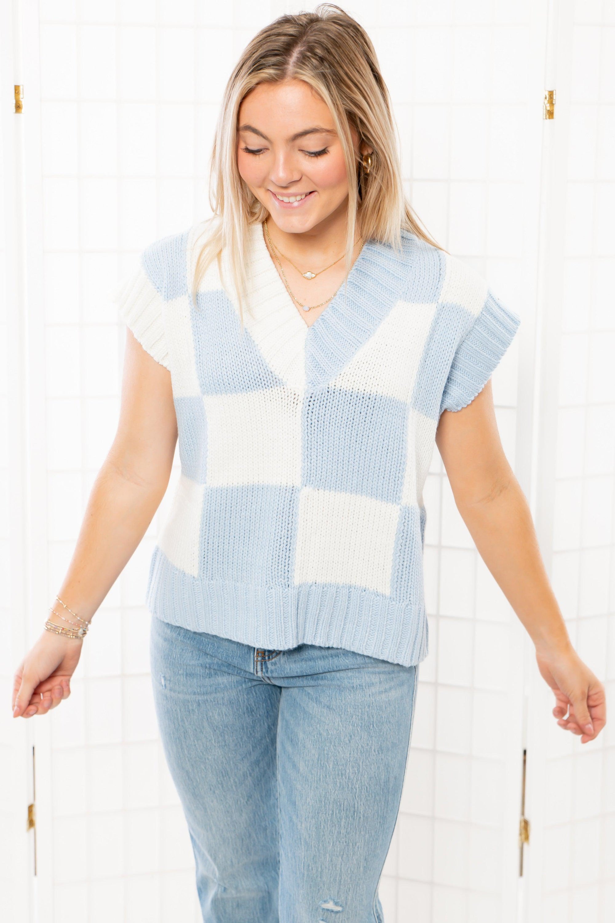 Sophie Blue V Neck Checkered Sweater Vest-Tops-Hyfve-L. Mae Boutique & Wild Mabel Clothing