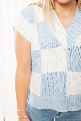 Sophie Blue V Neck Checkered Sweater Vest-Tops-Hyfve-L. Mae Boutique & Wild Mabel Clothing