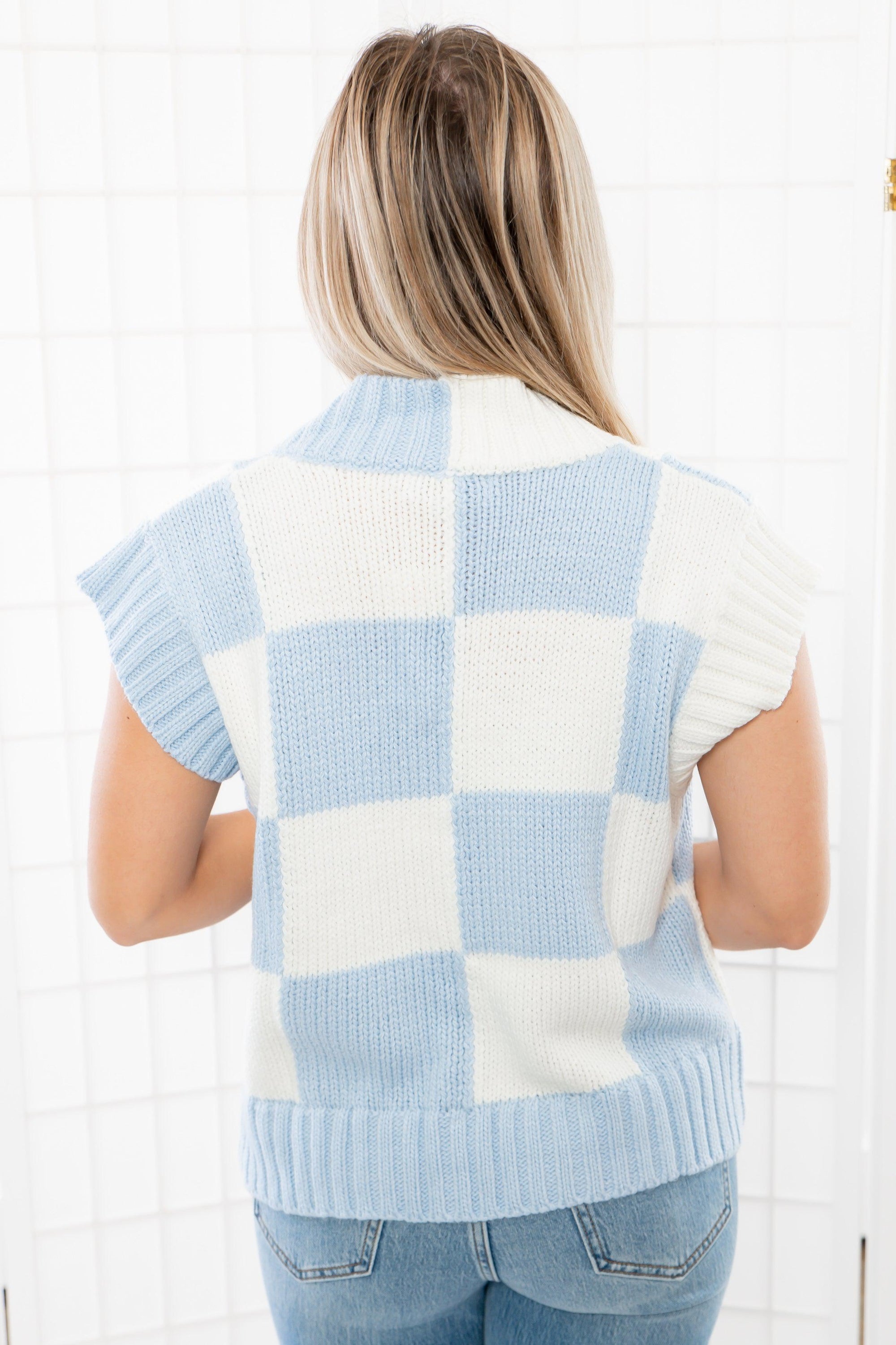 Sophie Blue V Neck Checkered Sweater Vest-Tops-Hyfve-L. Mae Boutique &amp; Wild Mabel Clothing