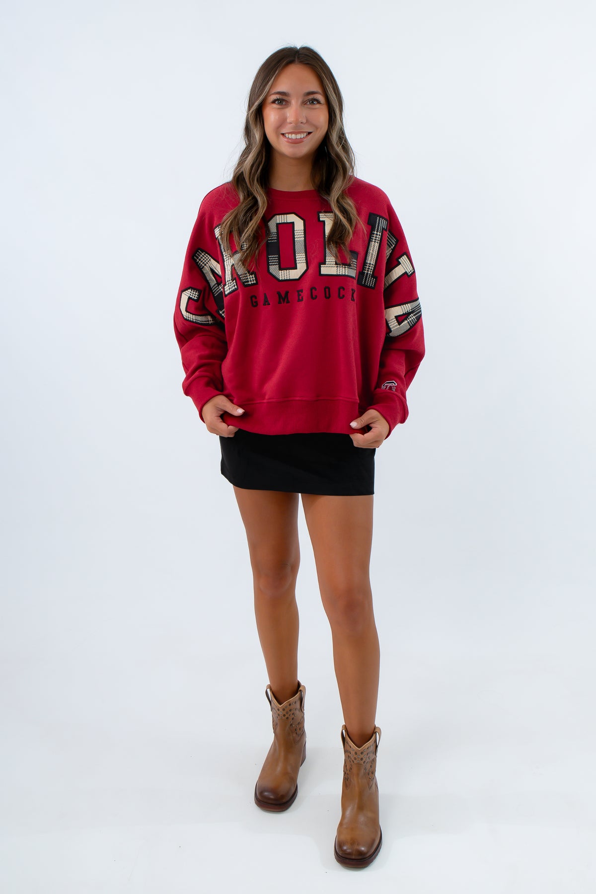 Oversized garnet sweatshirt with plaid Carolina lettering, University of South Carolina sweatshirt, garnet sweatshirt, gamecocks sweatshirt