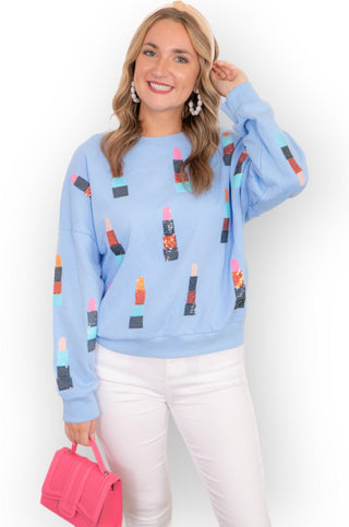 Pucker Up Blue Lipstick Sequin Sweatshirt-RoseVelvet-L. Mae Boutique