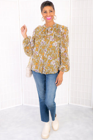 Fall Blossom Olive Floral Long Sleeve Shirt-Emory Park-L. Mae Boutique