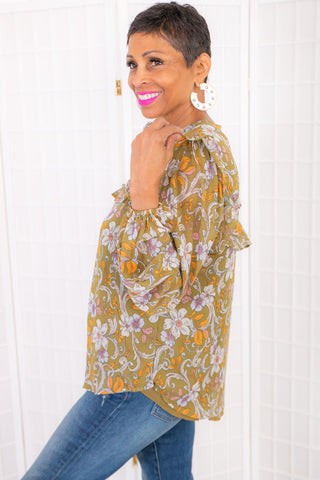 Fall Blossom Olive Floral Long Sleeve Shirt-Emory Park-L. Mae Boutique