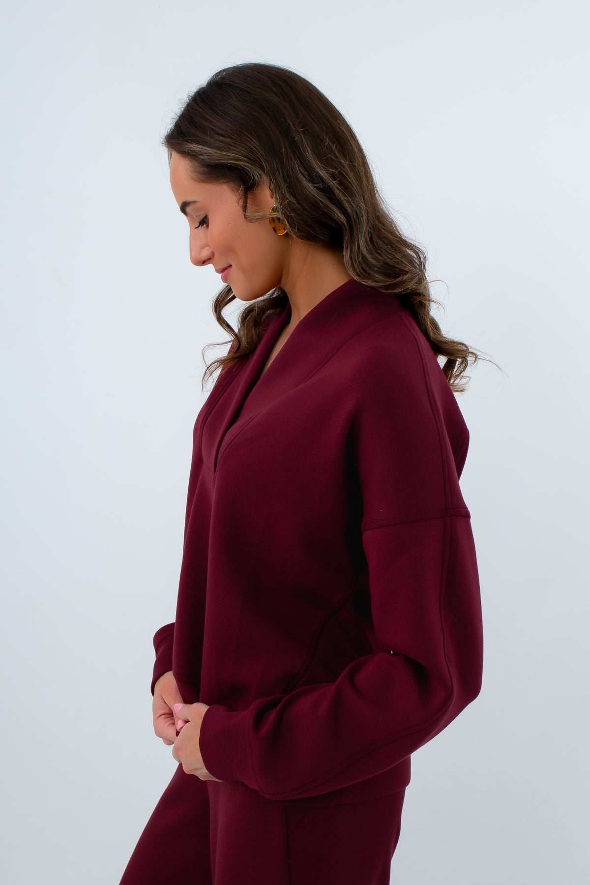 Spanx Vino AirEssentials Vneck Sweatshirt with 4-way stretch, Burgundy relaxed fit sweatshirt for game day