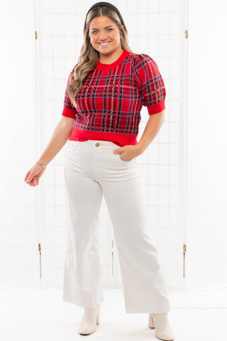 Spirits Bright Red Plaid Puff Sleeve Sweater-Tops-Entro-L. Mae Boutique & Wild Mabel Clothing