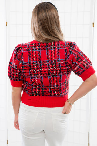 Spirits Bright Red Plaid Puff Sleeve Sweater-Tops-Entro-L. Mae Boutique & Wild Mabel Clothing