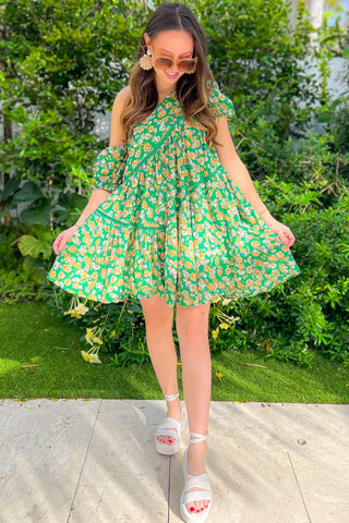 Spread Your Wings Asymmetrical Green Floral Puff Sleeve Mini Dress-Fanco-L. Mae Boutique