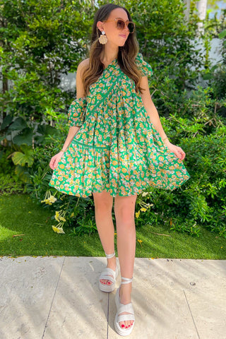 Spread Your Wings Asymmetrical Green Floral Puff Sleeve Mini Dress-Dresses-Fanco-L. Mae Boutique & Wild Mabel Clothing