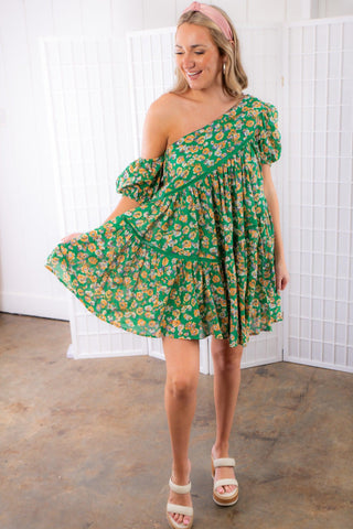 Spread Your Wings Asymmetrical Green Floral Puff Sleeve Mini Dress-Dresses-Fanco-L. Mae Boutique & Wild Mabel Clothing