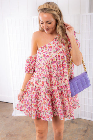 Spread Your Wings Asymmetrical Pink Floral Puff Sleeve Mini Dress-Dresses-Fanco-L. Mae Boutique & Wild Mabel Clothing