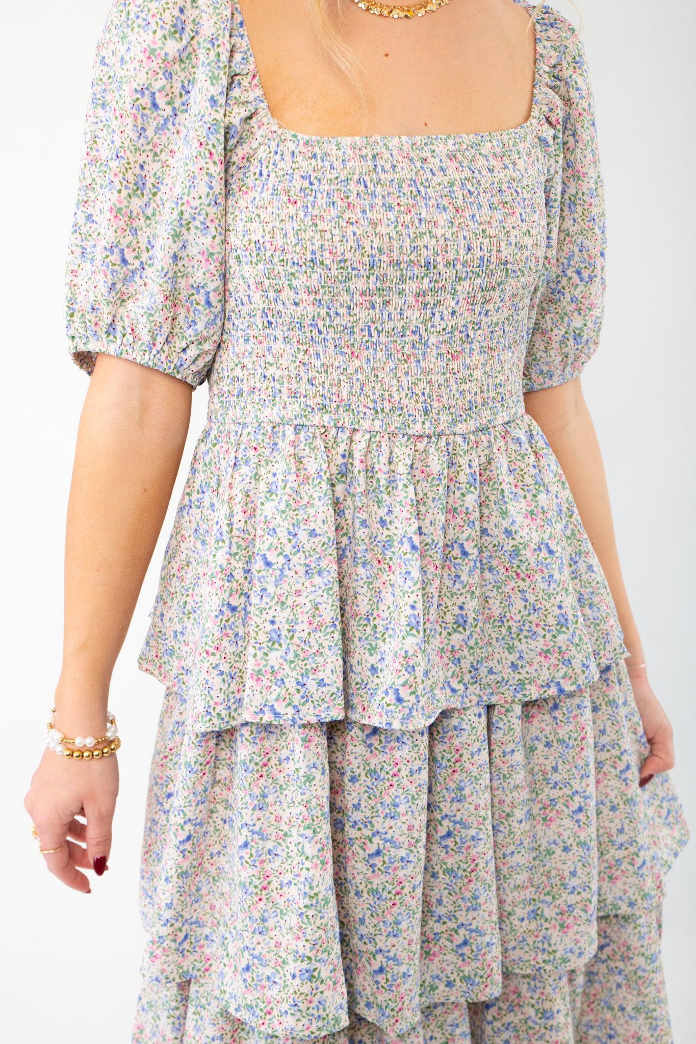 Spring Florals Smocked Tiered Puff Sleeve Midi Dress-Dresses-In February-L. Mae Boutique &amp; Wild Mabel Clothing