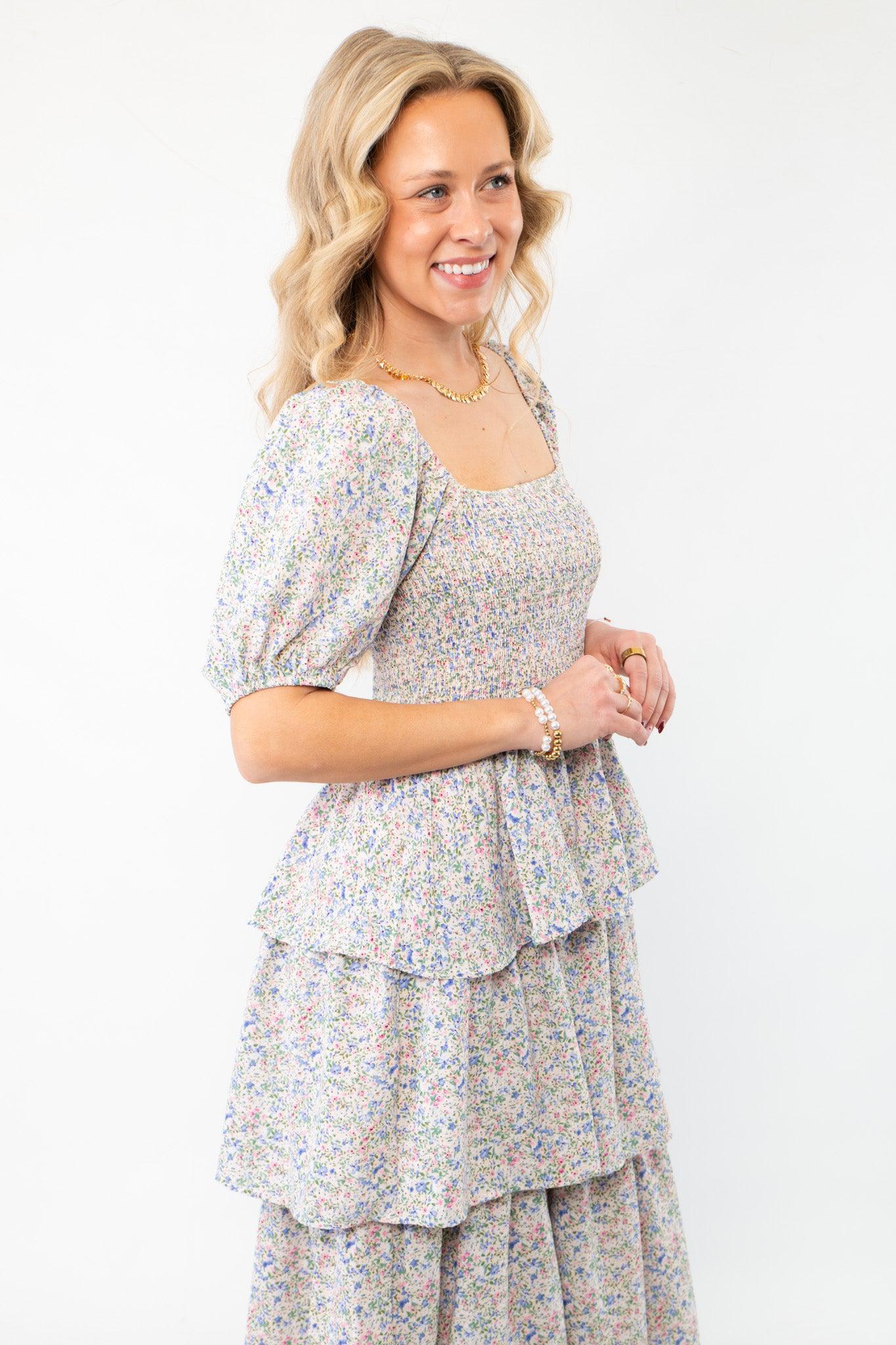 Spring Florals Smocked Tiered Puff Sleeve Midi Dress-Dresses-In February-L. Mae Boutique &amp; Wild Mabel Clothing