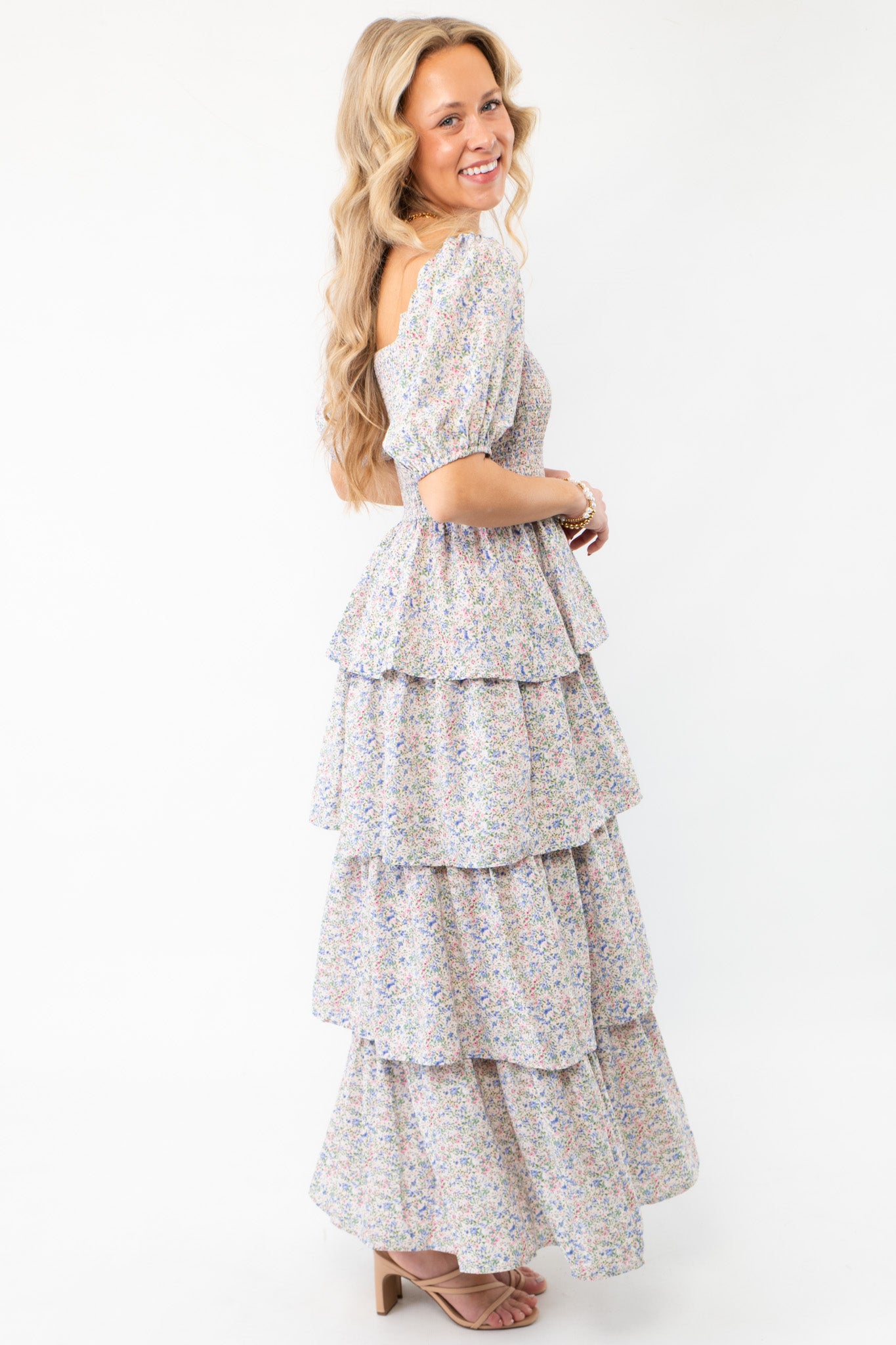 Spring Florals Smocked Tiered Puff Sleeve Midi Dress-Dresses-In February-L. Mae Boutique &amp; Wild Mabel Clothing