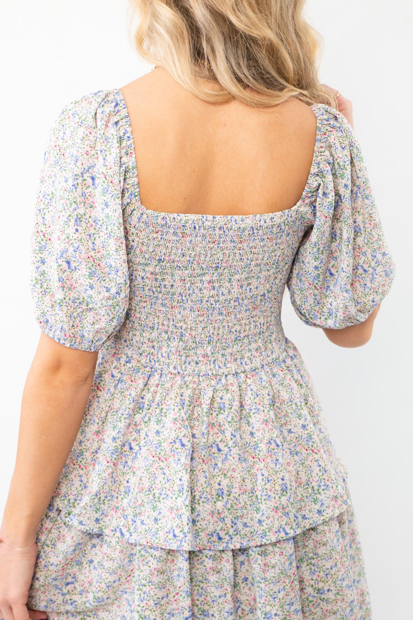 Spring Florals Smocked Tiered Puff Sleeve Midi Dress-Dresses-In February-L. Mae Boutique &amp; Wild Mabel Clothing