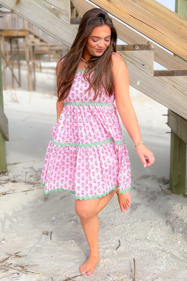 Whimsical Spring Forward Pink &amp; Green Ric Rac Mini Dress with tiered layers and ric rac trim, ideal for a relaxed and stylish spring or summer look.