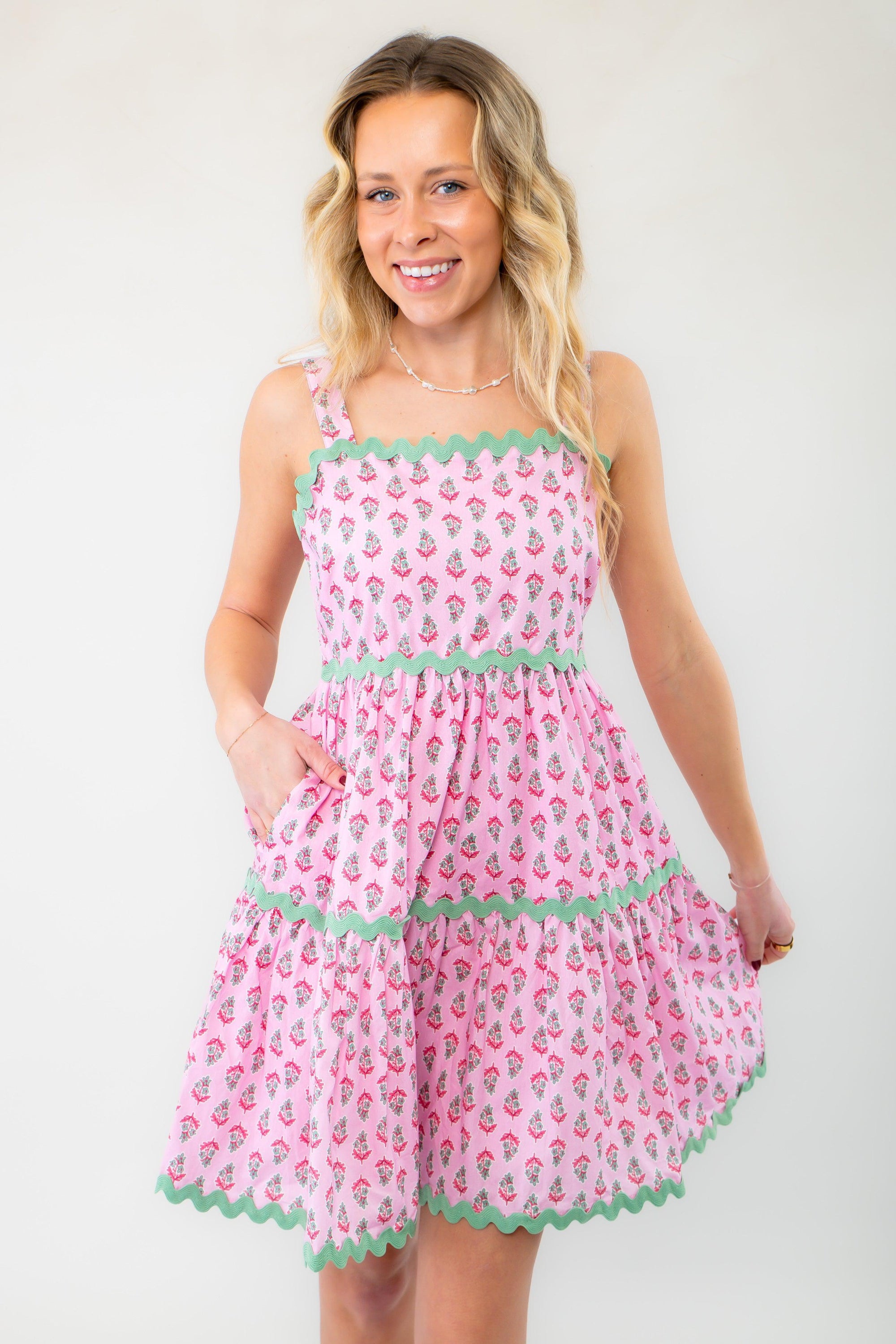 Cottagecore-inspired Spring Forward Pink &amp; Green Ric Rac Mini Dress featuring a smocked back, adjustable straps, and a playful floral print with pockets.