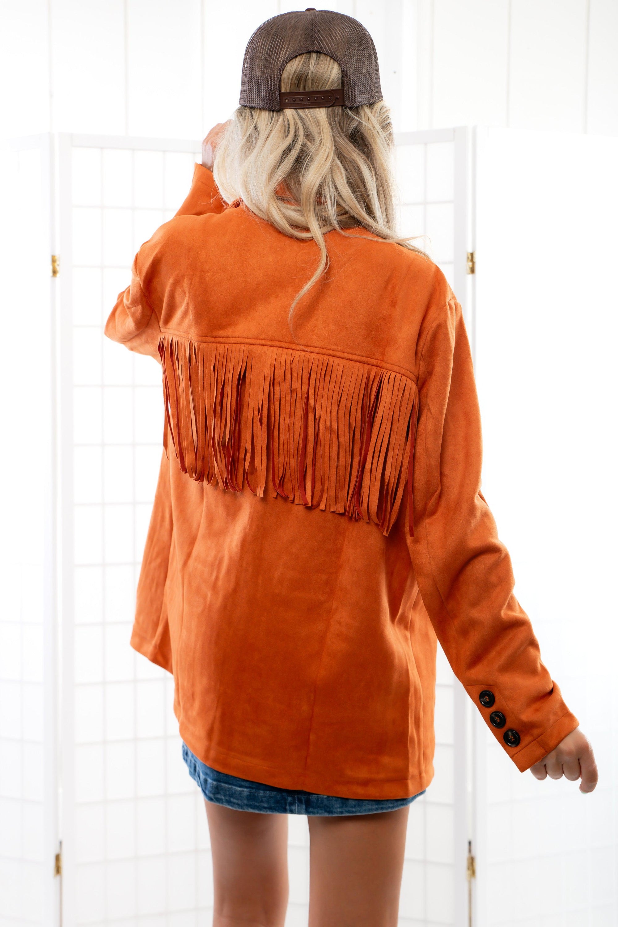 Starla Suede Burnt Orange Fringe Oversized Blazer-Outerwear-Vocal-L. Mae Boutique &amp; Wild Mabel Clothing