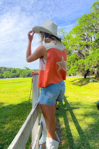 Starry Eyed Orange & Pink Suede Star Patch Vest-Outerwear-Vocal-L. Mae Boutique & Wild Mabel Clothing