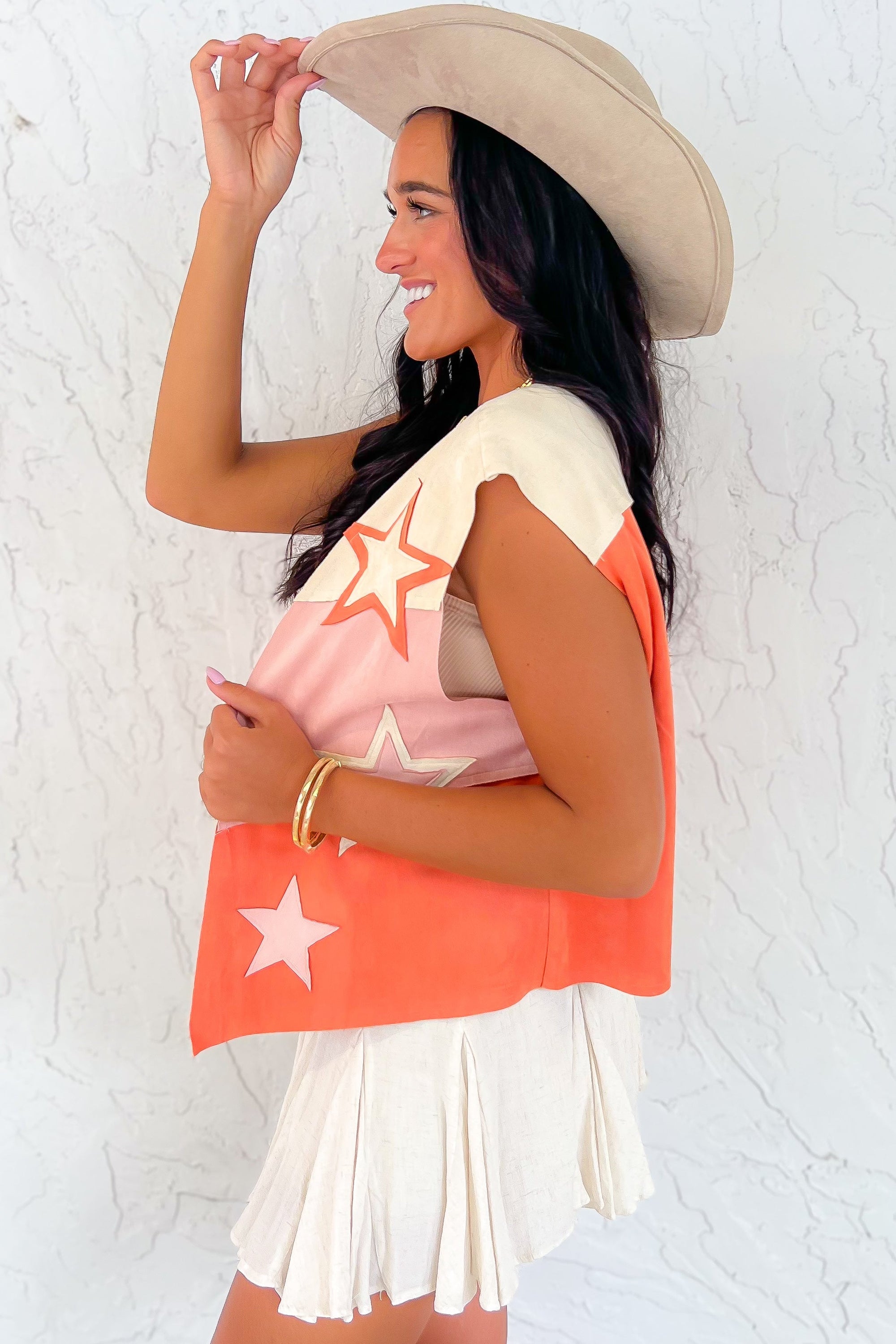 Starry Eyed Orange &amp; Pink Suede Star Patch Vest-Outerwear-Vocal-L. Mae Boutique &amp; Wild Mabel Clothing