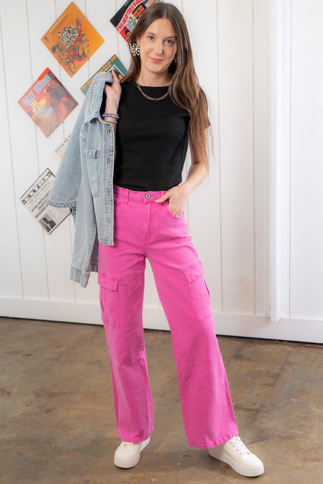 Stevie Bright Pink Cargo Straight Jean-Bottoms-Q2-L. Mae Boutique &amp; Wild Mabel Clothing