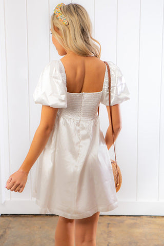 Stole My Heart White Shimmer Babydoll Mini Dress-TCEC-L. Mae Boutique