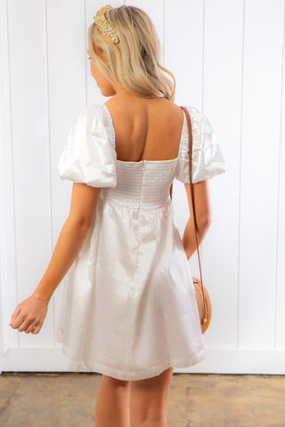 Stole My Heart White Shimmer Babydoll Mini Dress-Dresses-TCEC-L. Mae Boutique & Wild Mabel Clothing