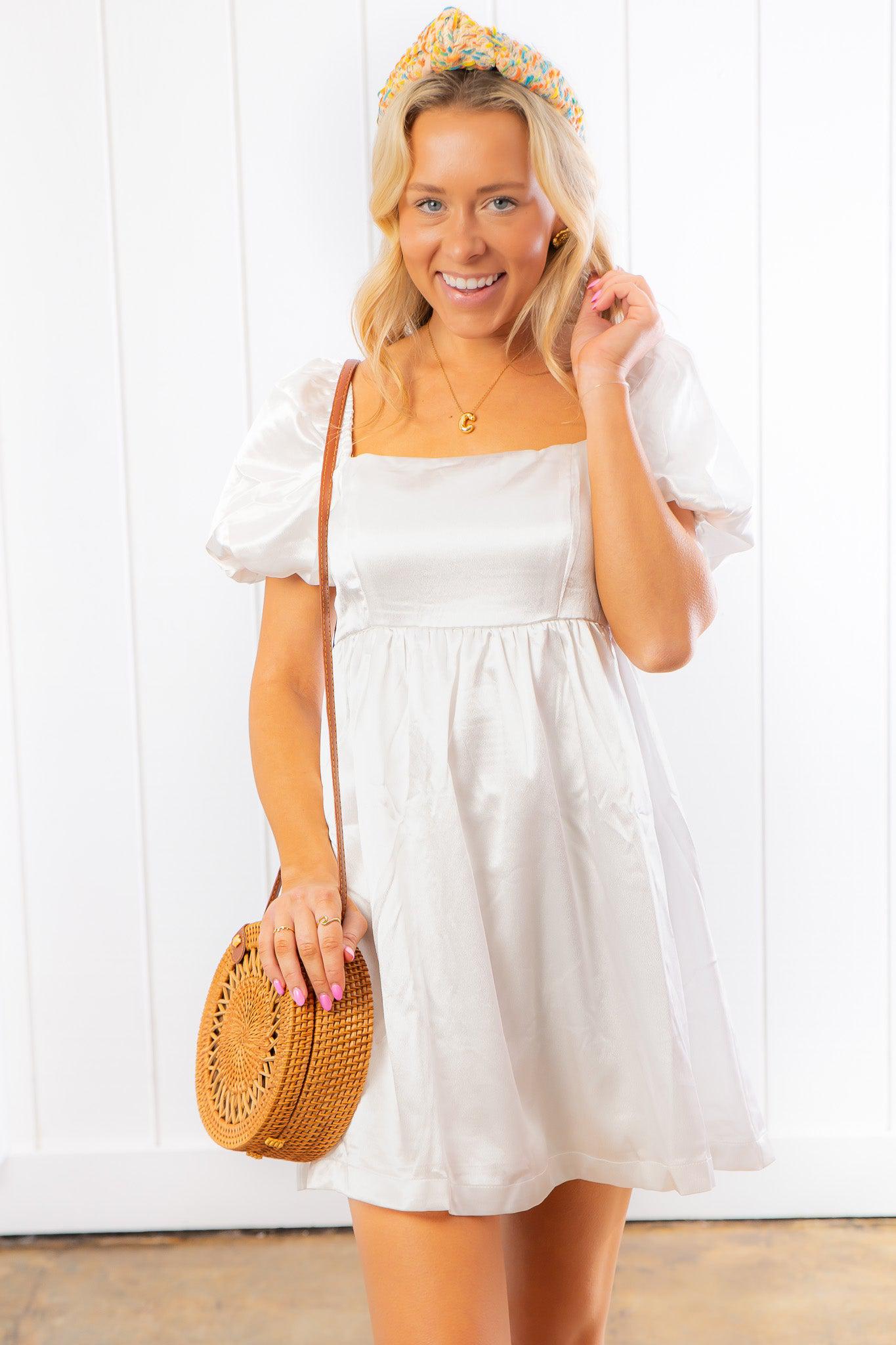 Stole My Heart White Shimmer Babydoll Mini Dress-Dresses-TCEC-L. Mae Boutique & Wild Mabel Clothing