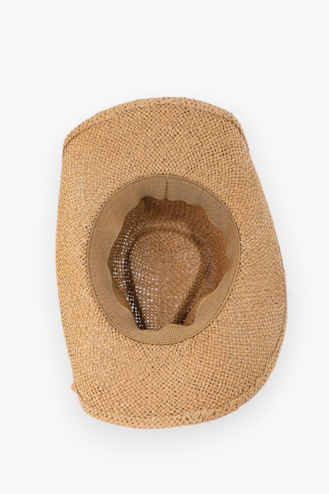 Top view of the Coastal Vibes Puka Shell Straw Cowboy Hat highlighting its breathable woven structure and comfortable inner band.