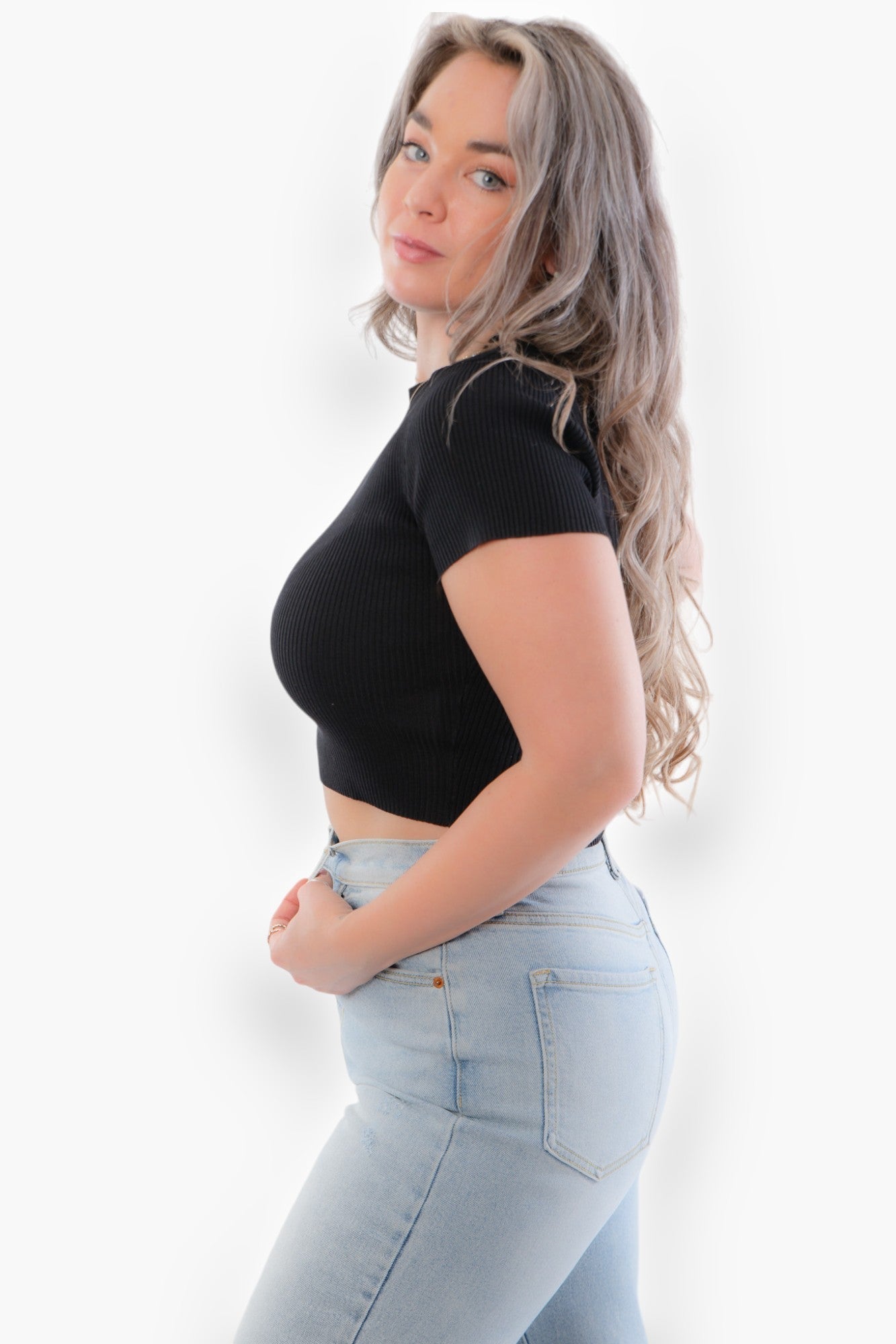 Stretch Ribbed Seamless Round Neck Crop Top-Tops-Blu Pepper-L. Mae Boutique &amp; Wild Mabel Clothing