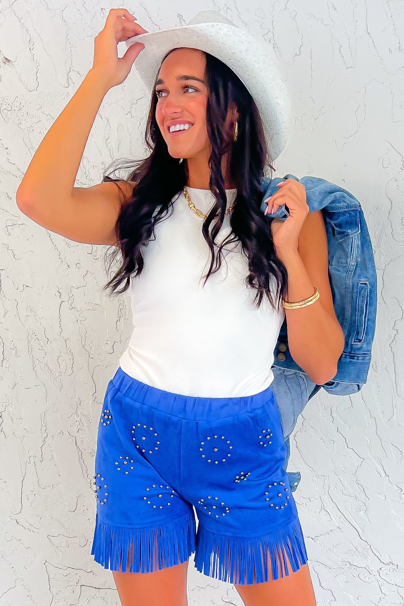 Studded Out Royal Blue Embellished Suede Fringe Shorts-Bottoms-Vocal-L. Mae Boutique &amp; Wild Mabel Clothing