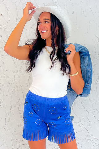 Studded Out Royal Blue Embellished Suede Fringe Shorts-Bottoms-Vocal-L. Mae Boutique & Wild Mabel Clothing