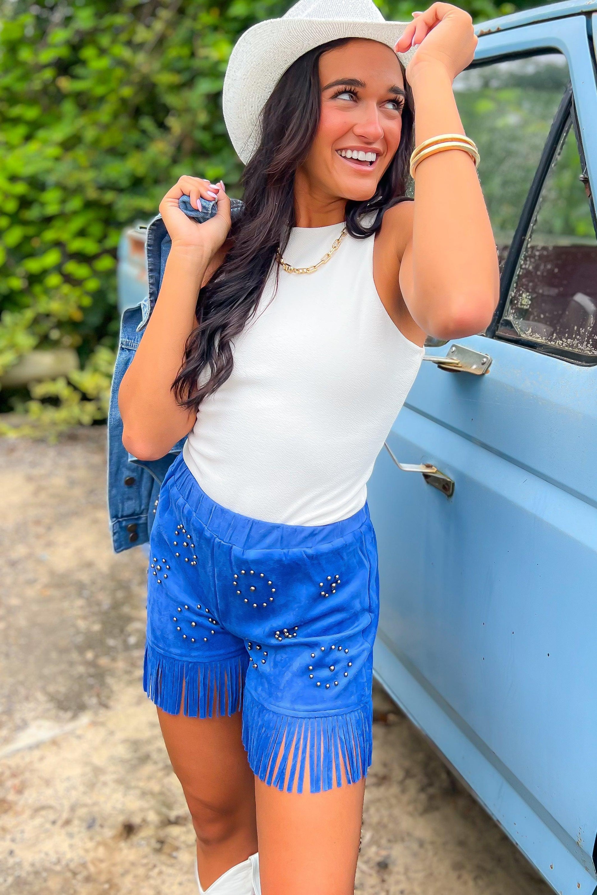 Studded Out Royal Blue Embellished Suede Fringe Shorts-Bottoms-Vocal-L. Mae Boutique &amp; Wild Mabel Clothing