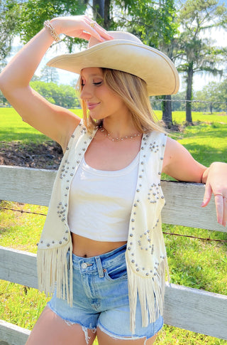 Studded Out Tan Embellished Suede Fringe Vest-Outerwear-Vocal-L. Mae Boutique & Wild Mabel Clothing