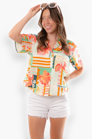 Sunny Side Tropical Print Button Down Top-Tops-En Creme-L. Mae Boutique & Wild Mabel Clothing