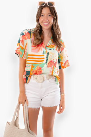 Sunny Side Tropical Print Button Down Top-Tops-En Creme-L. Mae Boutique & Wild Mabel Clothing