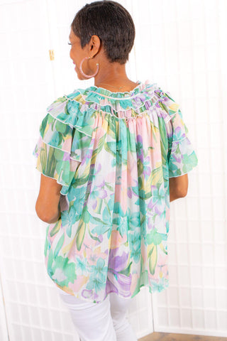 Sweet Romance Green Floral Ruffled Blouse-Entro-L. Mae Boutique