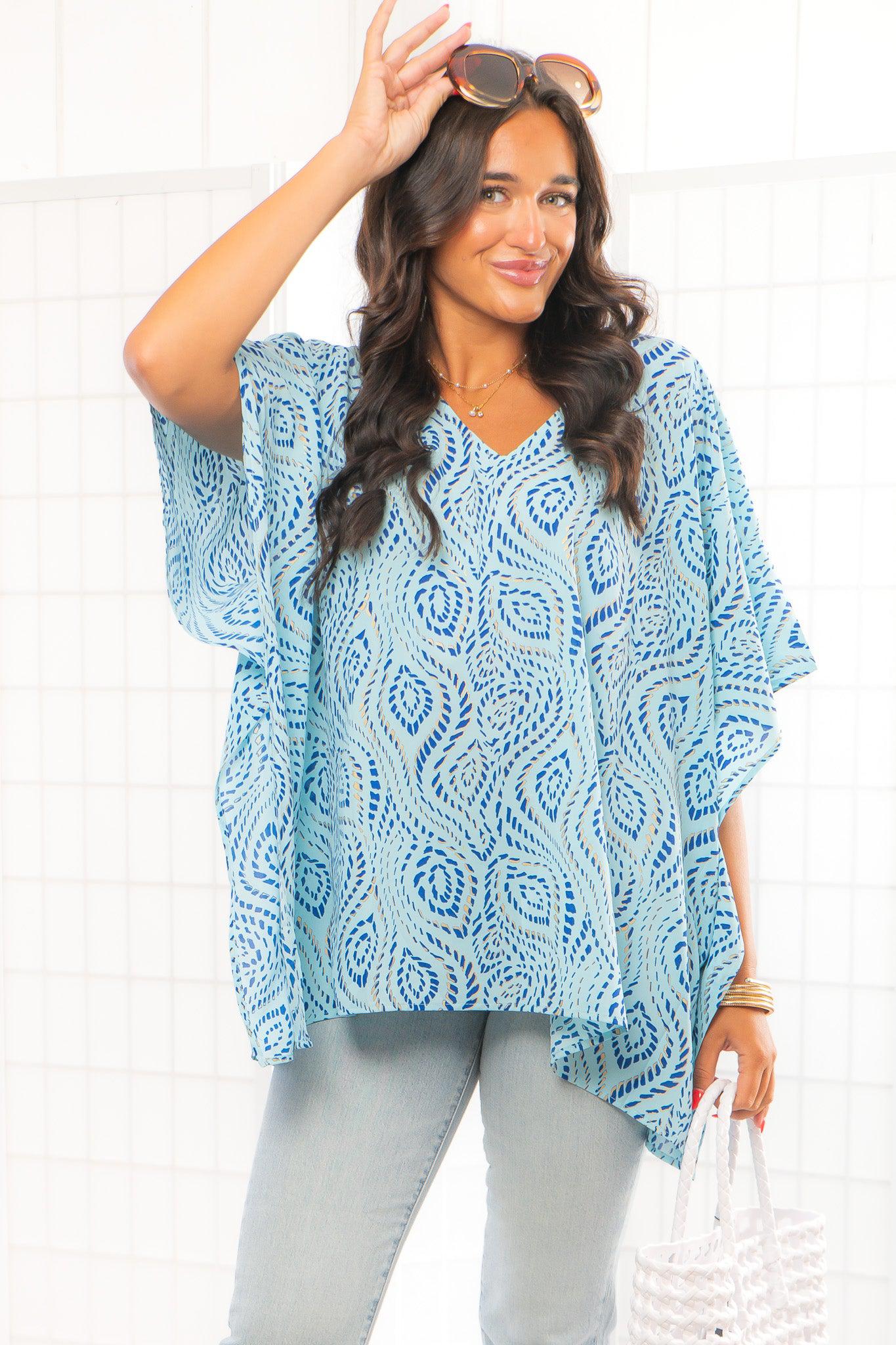 Sweet Santi Gold Dot Blue Tunic Top-Tops-Meet Me In Santorini-L. Mae Boutique &amp; Wild Mabel Clothing