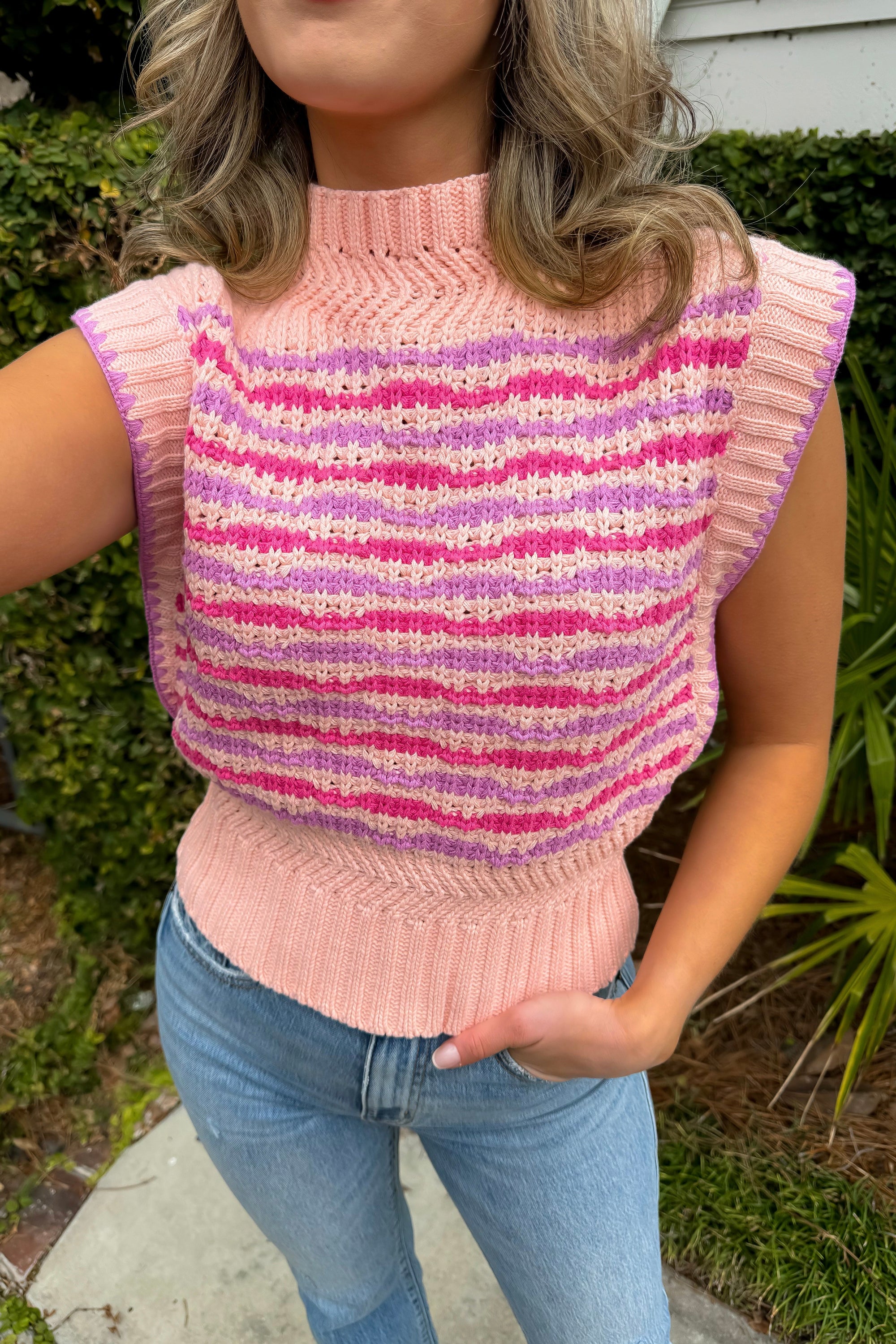 Sweet as a Peach Lavender Contrast Stitch Mock Neck Sleeveless Sweater-Tops-&amp; merci-L. Mae Boutique &amp; Wild Mabel Clothing