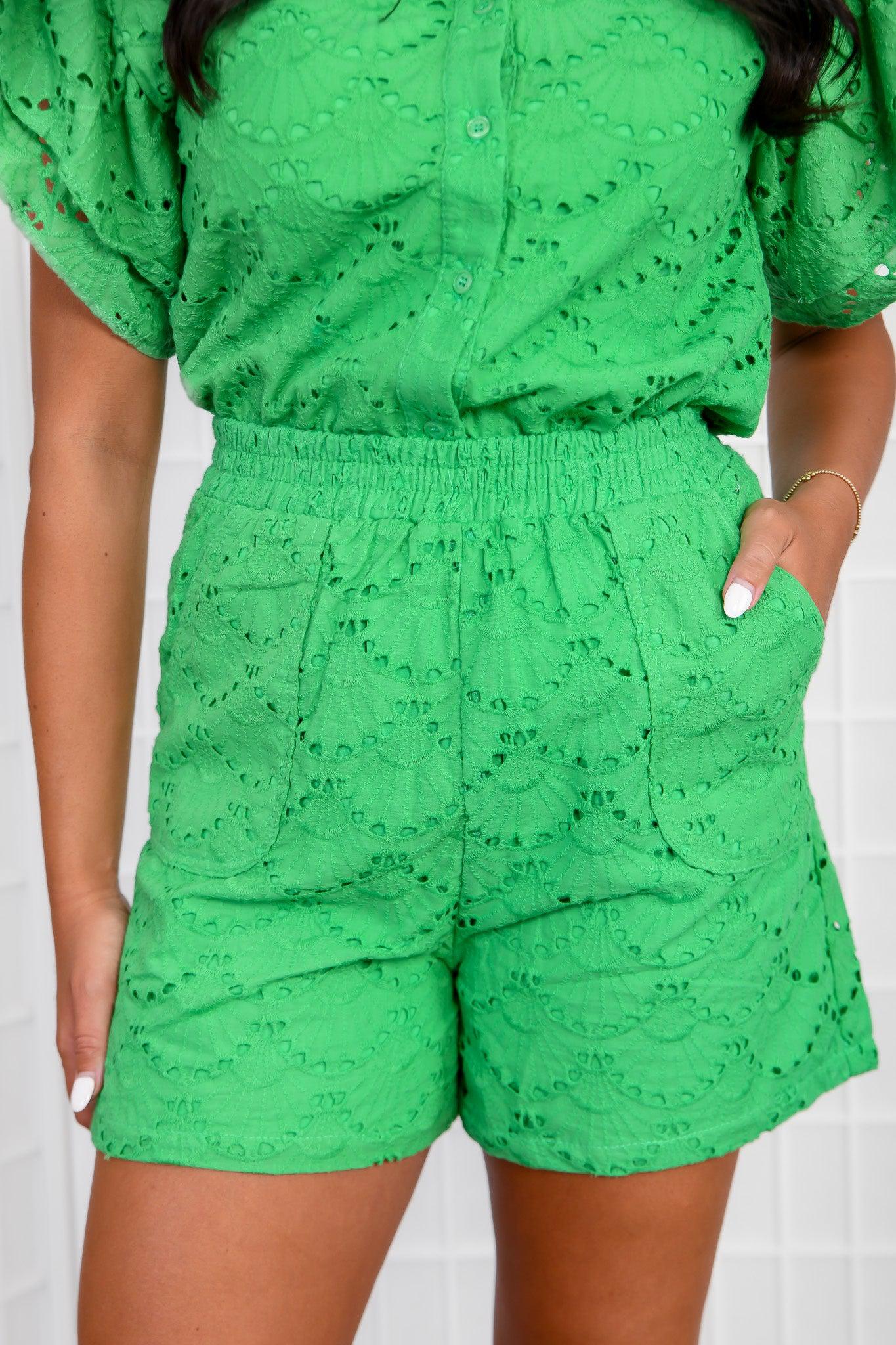 Sweeter than Ever Green Eyelet Lace High-Waisted Shorts-Bottoms-Fanco-L. Mae Boutique &amp; Wild Mabel Clothing