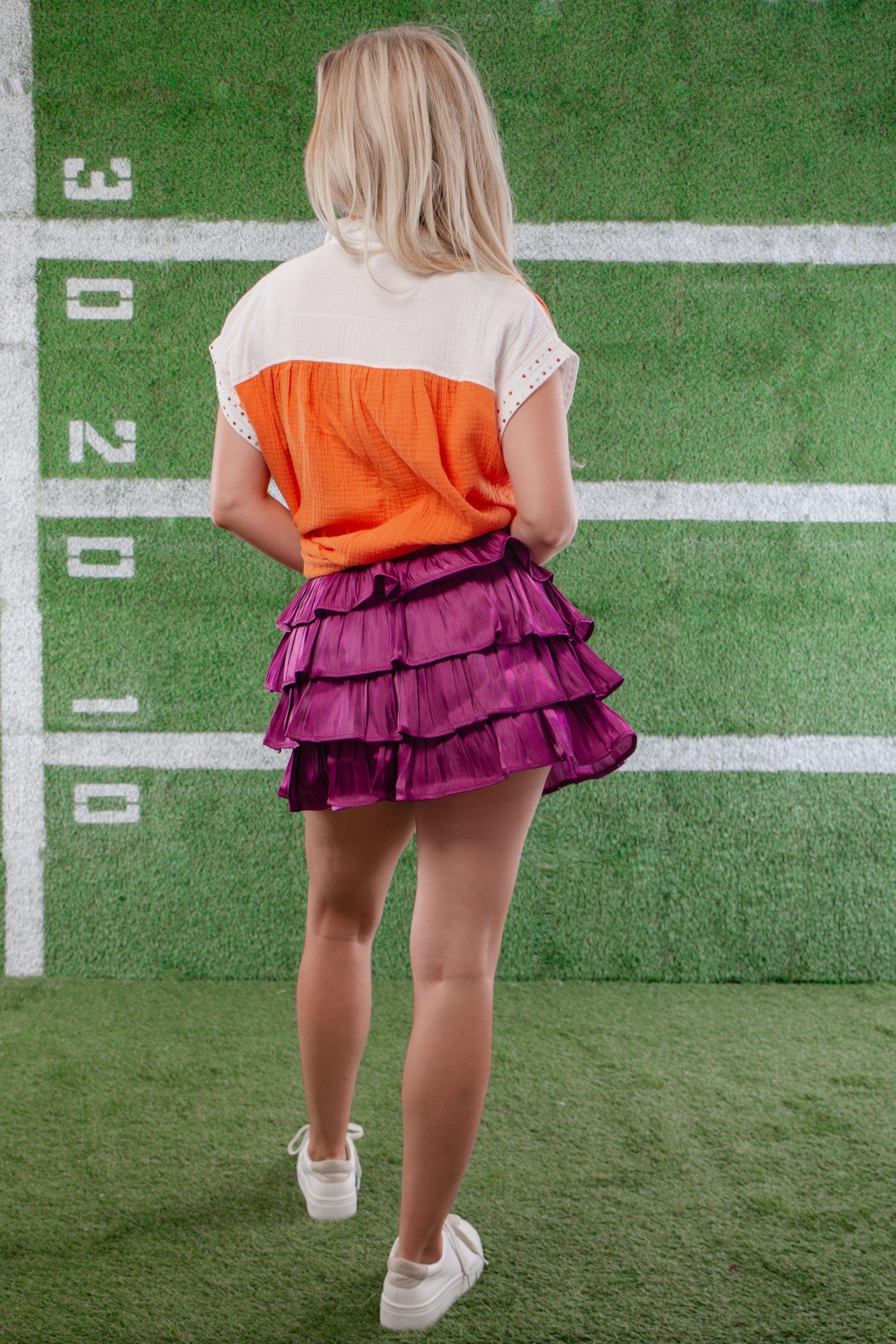 Sweetly Gameday Purple Ruffled Mini Skirt-Bottoms-TCEC-L. Mae Boutique &amp; Wild Mabel Clothing