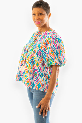 THML Adelaide Multi Color Puff Sleeve Tie Tassel Top-THML-L. Mae Boutique