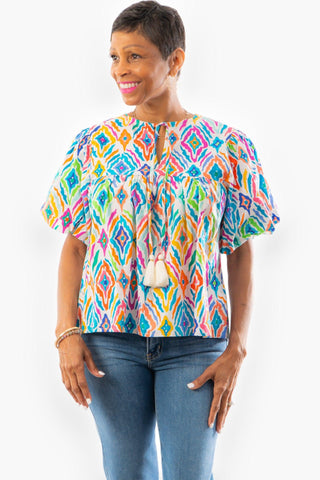 THML Adelaide Multi Color Puff Sleeve Tie Tassel Top-THML-L. Mae Boutique