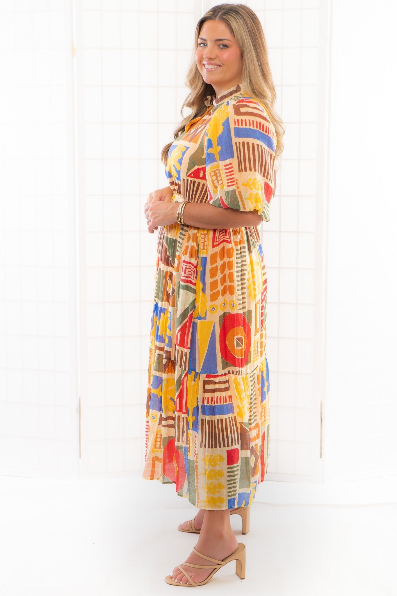 THML Beige Abstract Print Midi Dress-Dresses-THML-L. Mae Boutique &amp; Wild Mabel Clothing