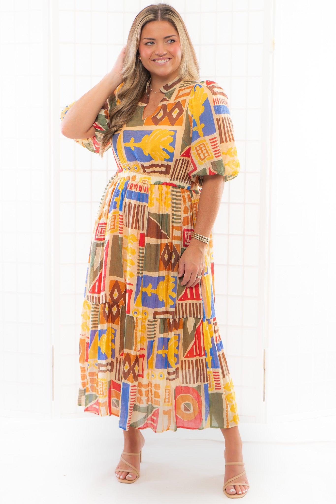 THML Beige Abstract Print Midi Dress-Dresses-THML-L. Mae Boutique &amp; Wild Mabel Clothing